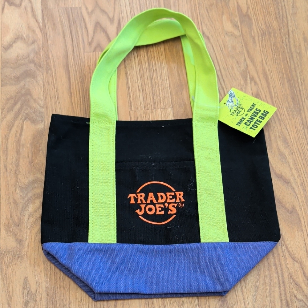 Trader Joe's Mini Tote Bag with Neon Green Handles Multi Color NWT